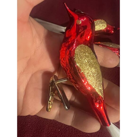 3 Vintage 1970's Mercury Glass Clip On Bird Ornaments 5”Red w Fiberglass tail - Picture 8 of 11